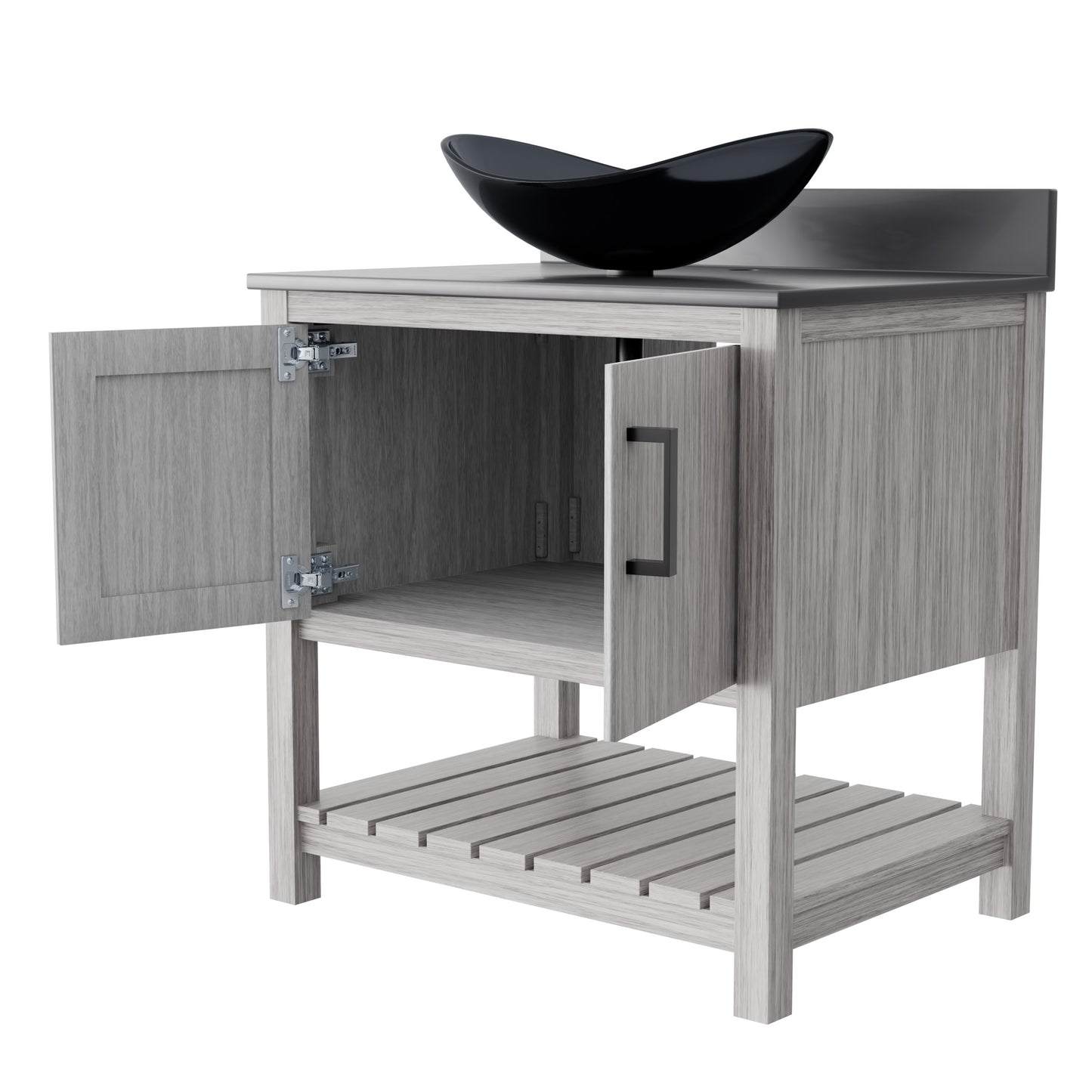 30-inch Novatto bath vanity with storm grey quartz countertop and integrated sink, modern bathroom accessory.