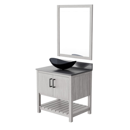 30-inch Novatto bath vanity with storm grey quartz countertop and integrated sink, showcasing modern bathroom accessory design.
