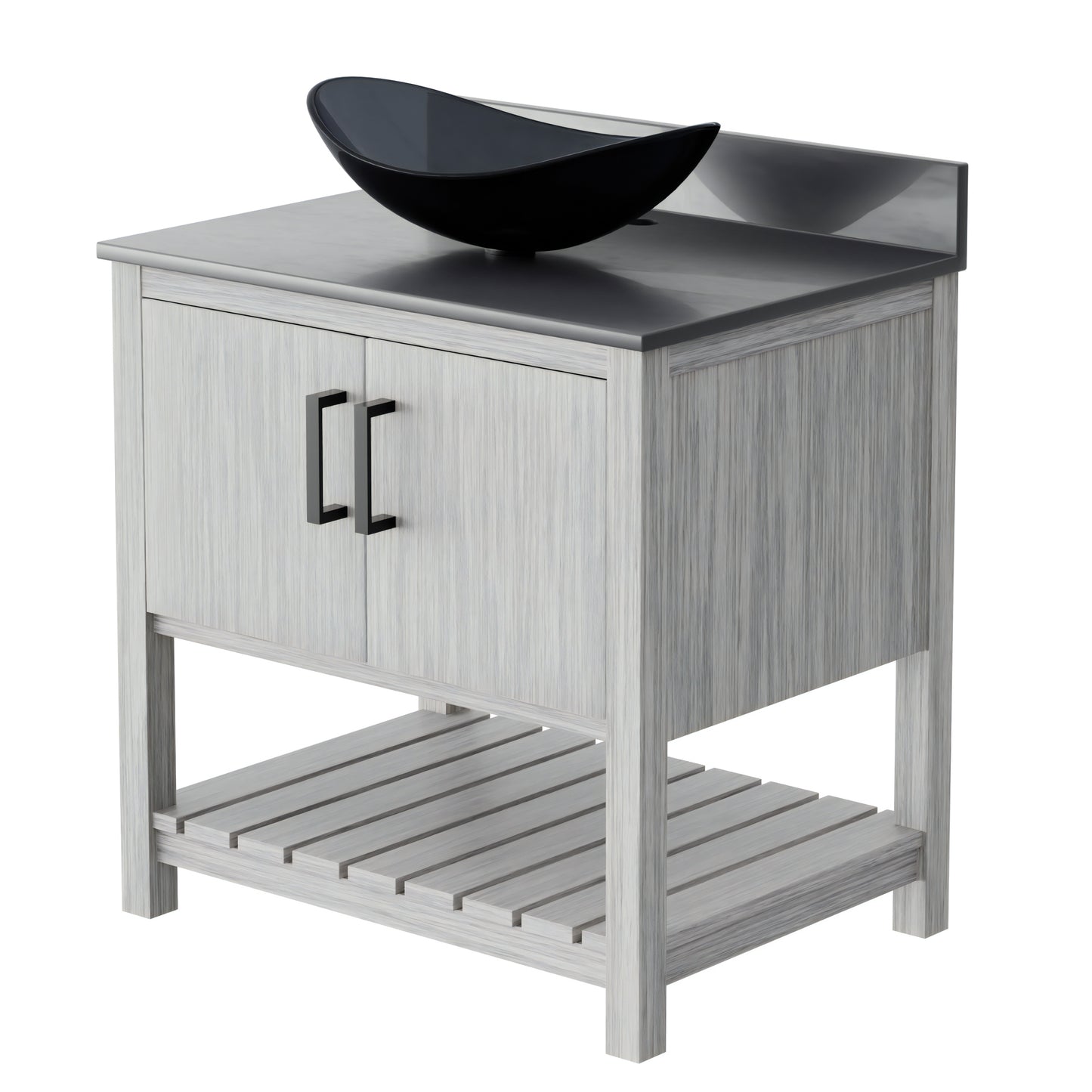 30-inch Novatto bath vanity with storm grey quartz countertop and integrated sink, showcase of modern bathroom accessory design.