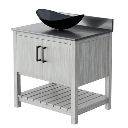 30-inch Novatto bath vanity with storm grey quartz countertop and integrated sink, showcase of modern bathroom accessory design.