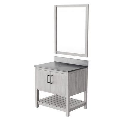 30-inch Novatto vanity with storm grey quartz countertop, modern bathroom accessory with mirror included.