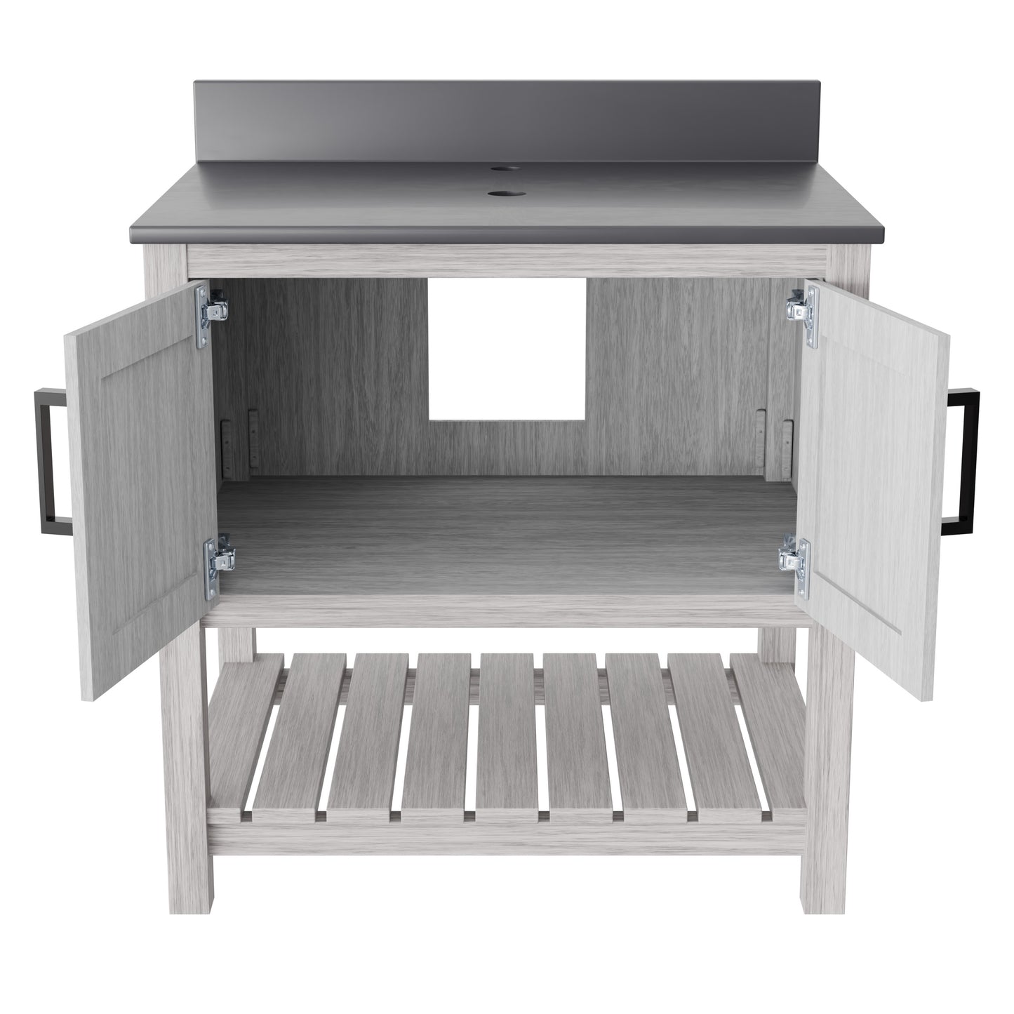 30-inch Novatto vanity with storm grey quartz countertop, showcasing modern bathroom accessory with sleek design.