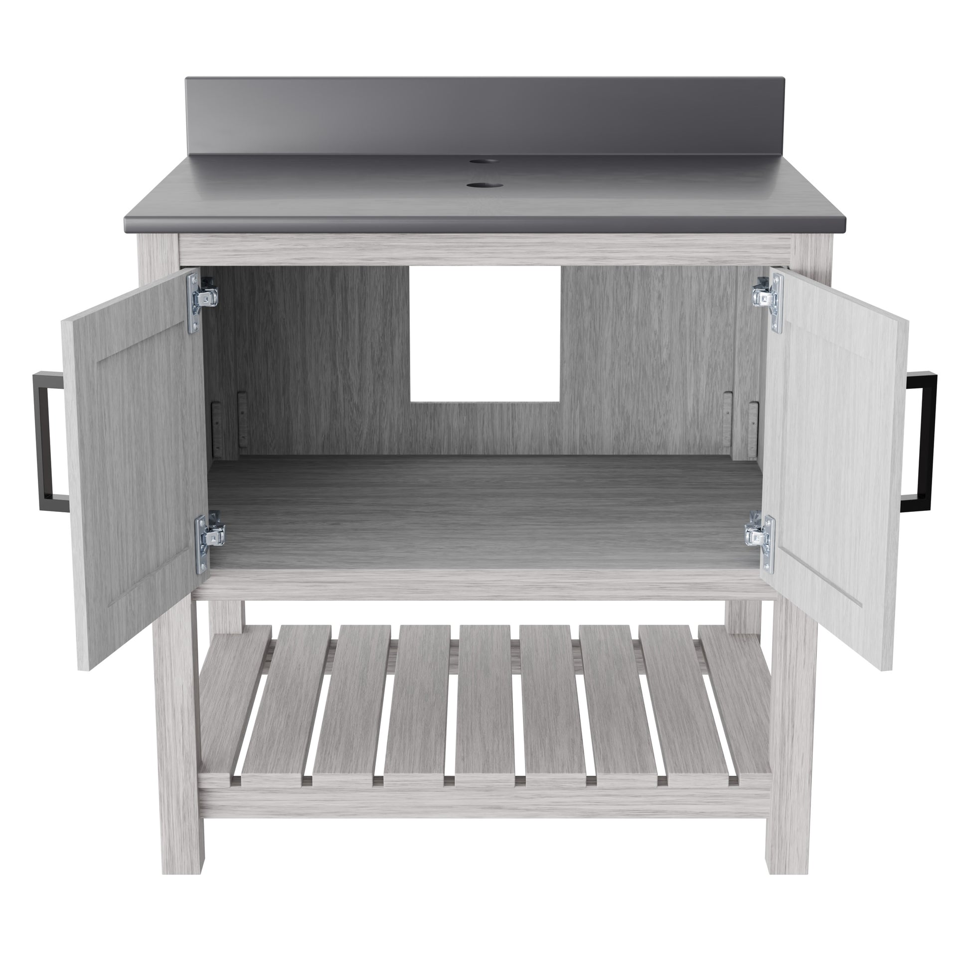 30-inch Novatto vanity with storm grey quartz countertop, showcasing modern bathroom accessory with sleek design.