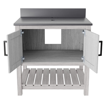 30-inch Novatto vanity with storm grey quartz countertop, showcasing modern bathroom accessory with sleek design.