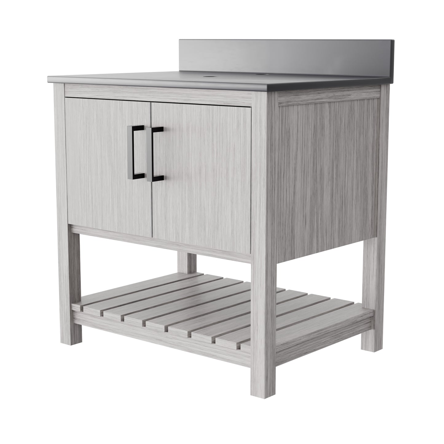 30-inch vanity with storm grey quartz countertop by Novatto, showcasing sleek bathroom accessory with modern design.
