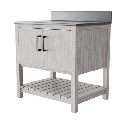 30-inch vanity with storm grey quartz countertop by Novatto, showcasing sleek bathroom accessory with modern design.