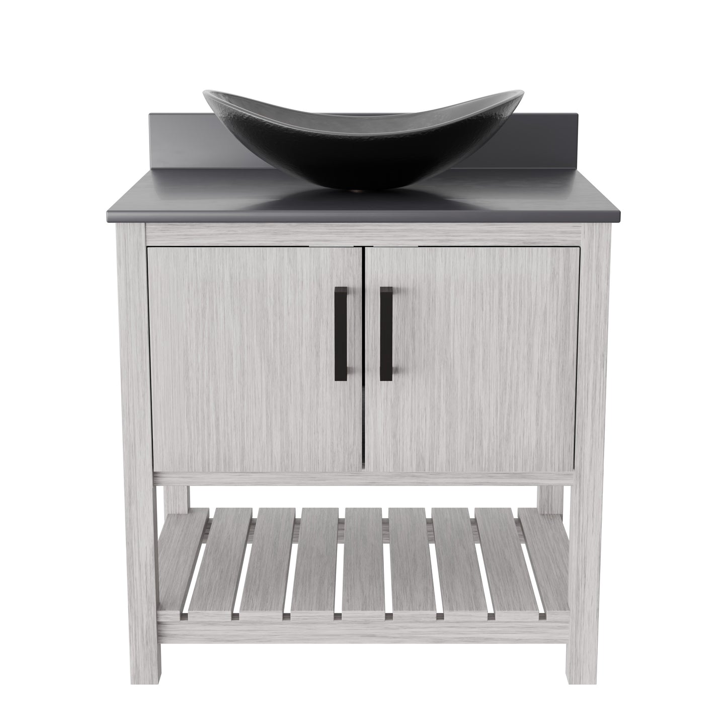 Novatto 30-inch bath vanity with storm grey quartz countertop and sink, showcasing sleek modern bathroom accessory design.