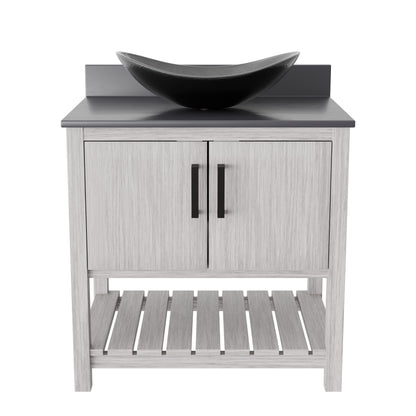 Novatto 30-inch bath vanity with storm grey quartz countertop and sink, showcasing sleek modern bathroom accessory design.