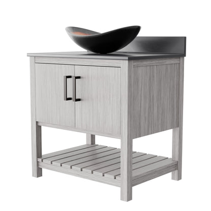 30-inch Novatto bath vanity with storm grey quartz countertop and sink, showcasing sleek bathroom accessory design.