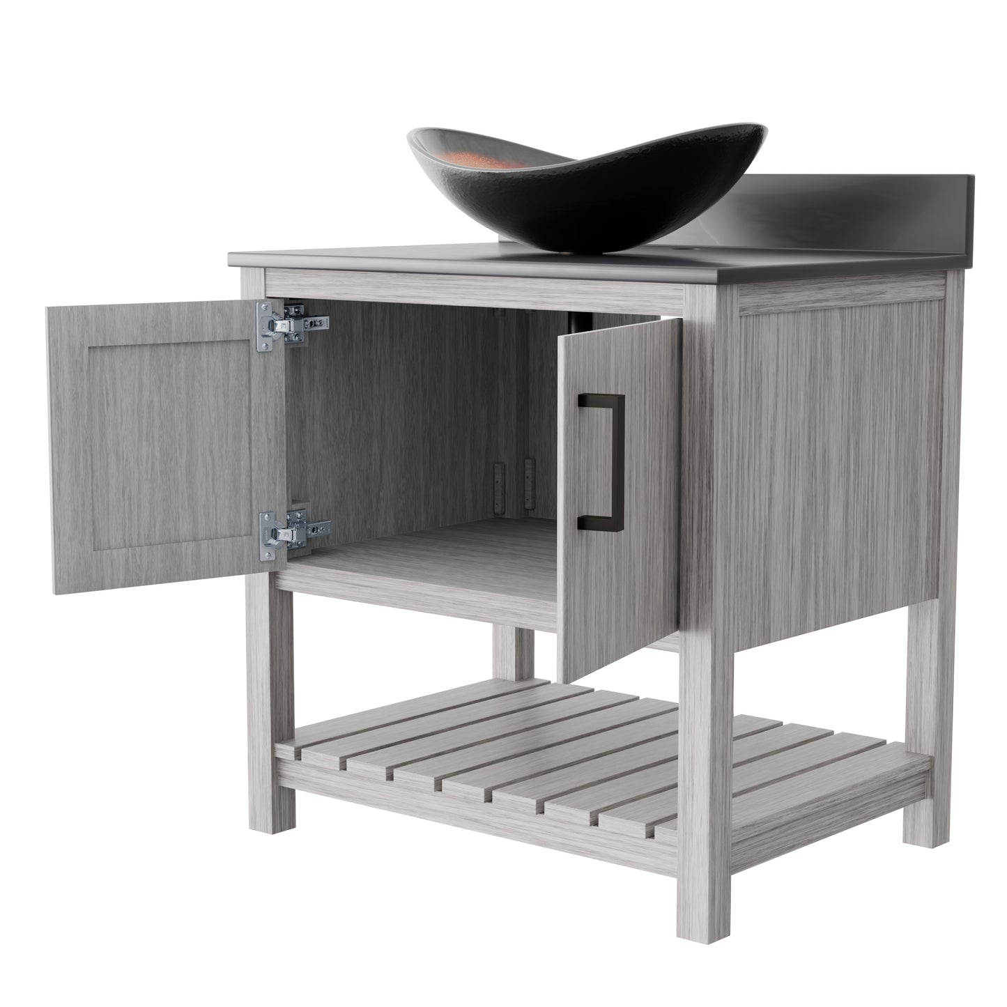 Novatto 30-inch bath vanity with storm grey quartz countertop and sink, showcasing modern bathroom accessory design.