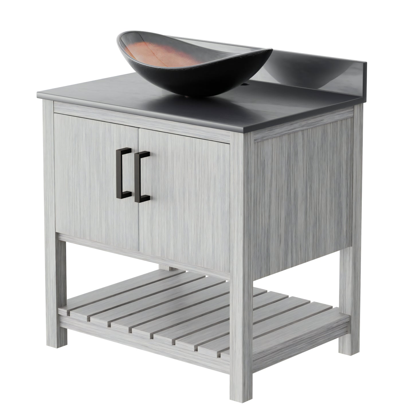 30-inch Novatto bath vanity with storm grey quartz countertop and sink, modern bathroom accessory.