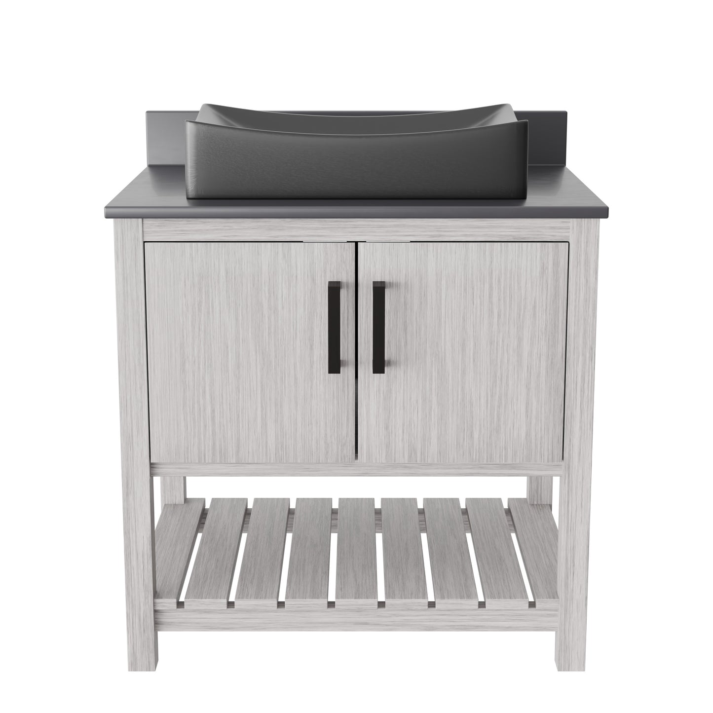 30-inch Novatto bath vanity with storm grey quartz countertop and integrated sink, showcasing modern bathroom accessory design.