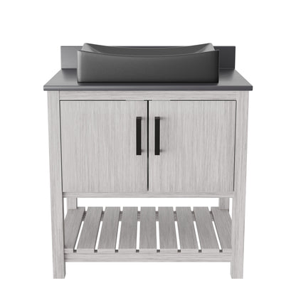 30-inch Novatto bath vanity with storm grey quartz countertop and integrated sink, showcasing modern bathroom accessory design.