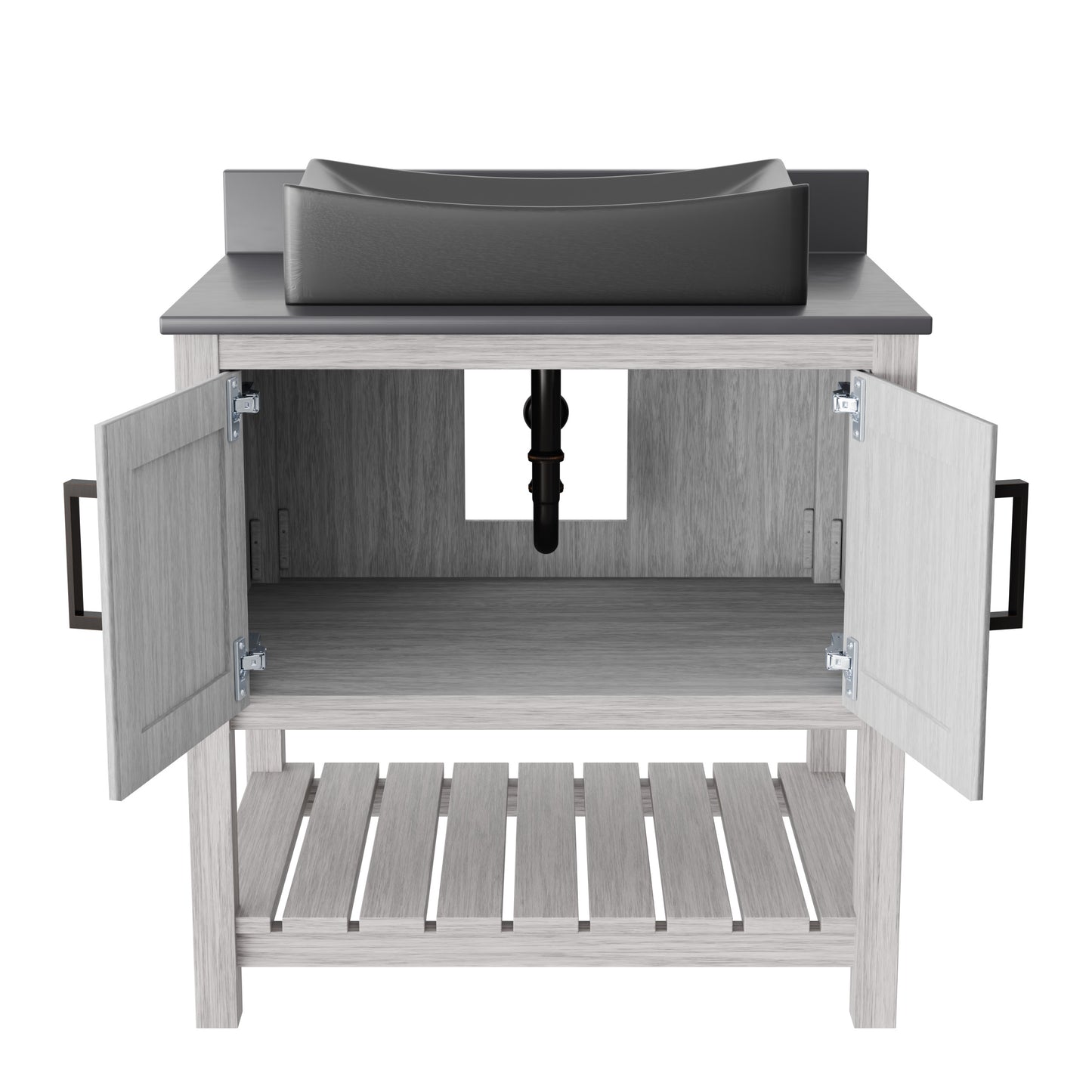30-inch Novatto bath vanity with storm grey quartz countertop and sink, showcasing sleek bathroom accessory design.
