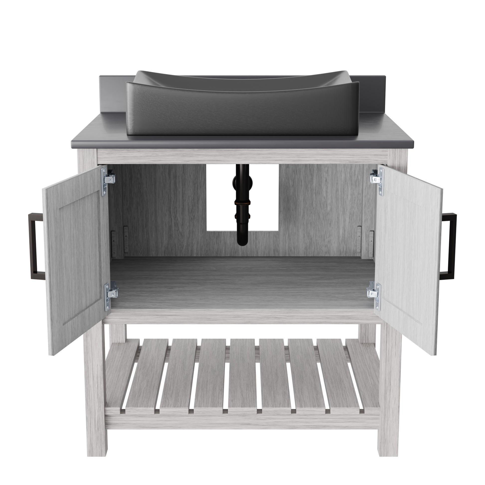 30-inch Novatto bath vanity with storm grey quartz countertop and sink, showcasing sleek bathroom accessory design.