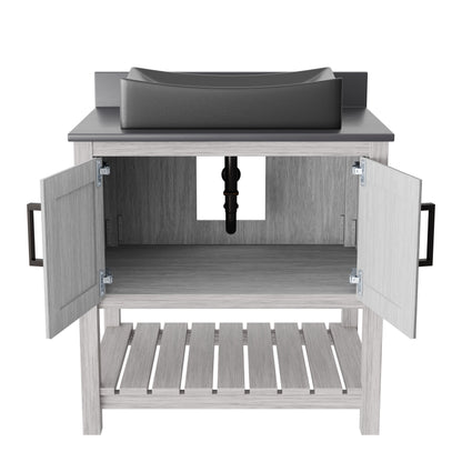 30-inch Novatto bath vanity with storm grey quartz countertop and sink, showcasing sleek bathroom accessory design.