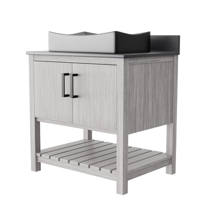 30-inch Novatto bath vanity with storm grey quartz countertop and sink, showcasing sleek modern bathroom accessory design