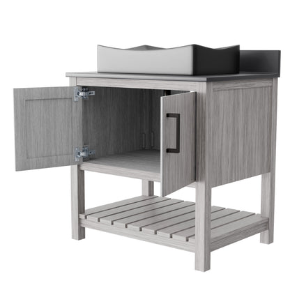 Novatto 30-inch bath vanity with storm grey quartz counter and sink, featuring sleek bathroom accessory design.