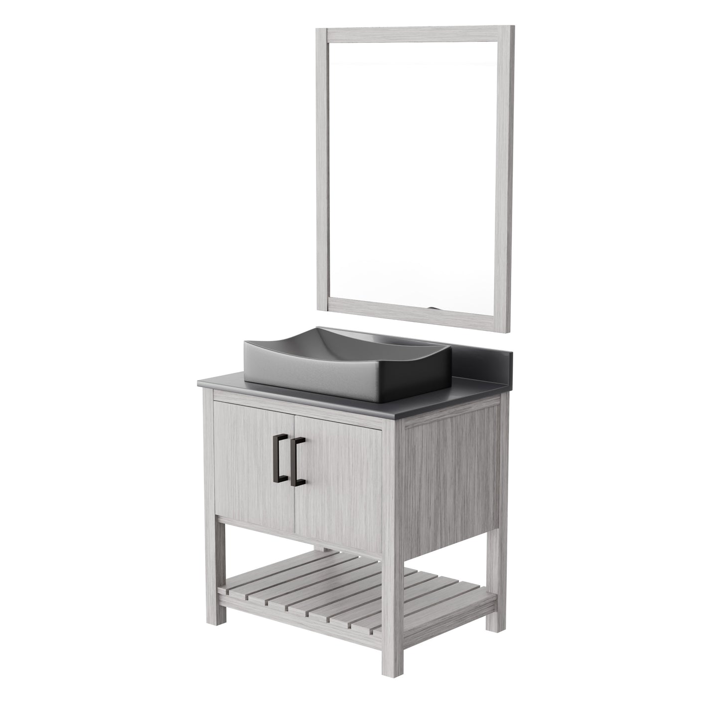 30-inch Novatto bath vanity with storm grey quartz countertop and sink, showcasing modern bathroom accessory design.