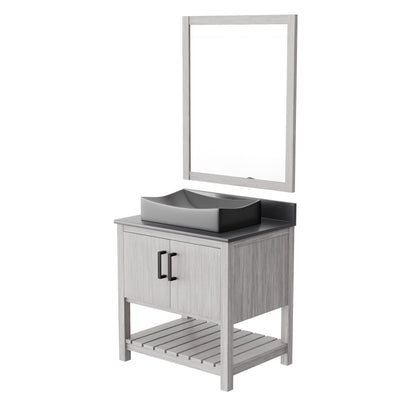 30-inch Novatto bath vanity with storm grey quartz countertop and sink, showcasing modern bathroom accessory design.