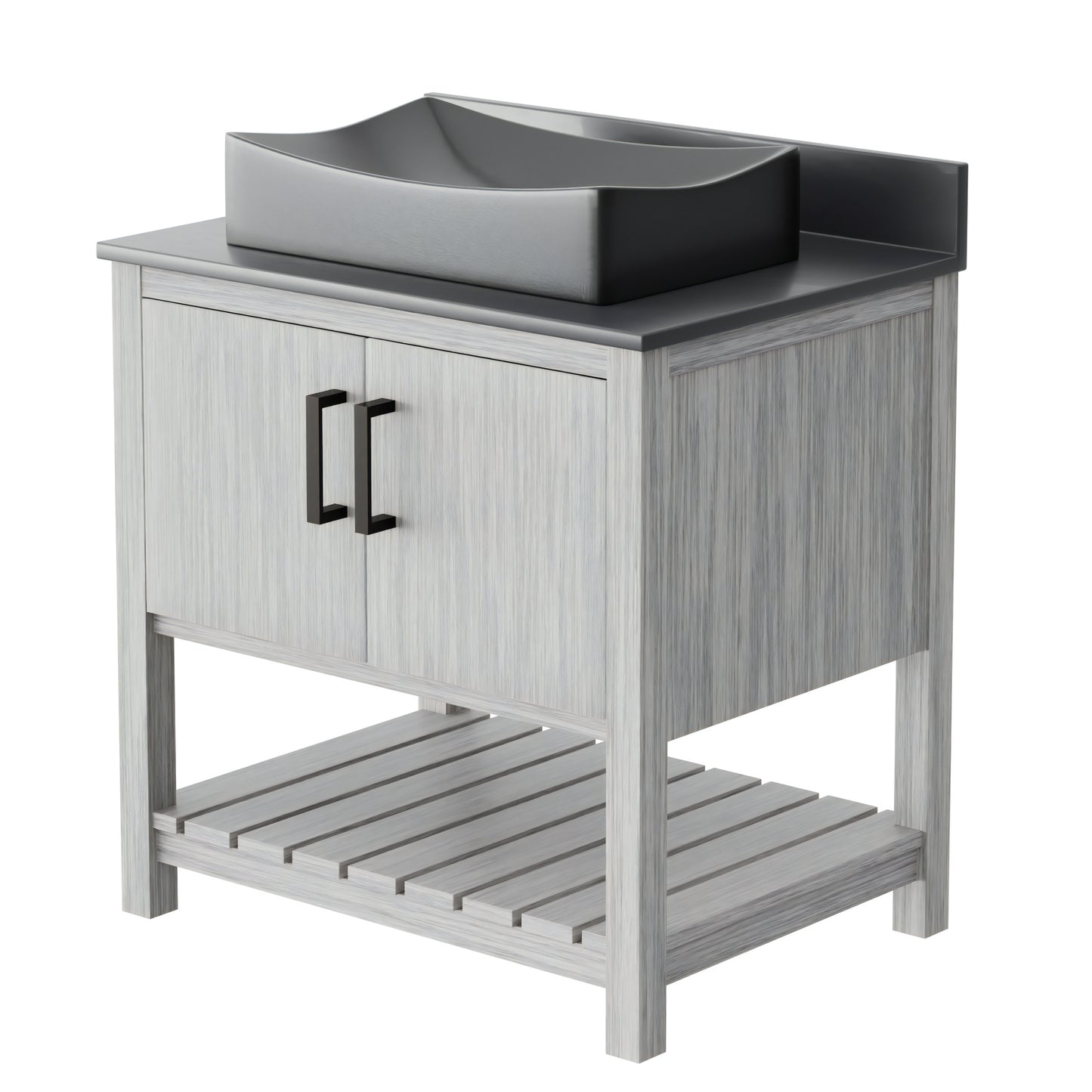 30-inch Novatto bath vanity with storm grey quartz countertop and integrated sink, modern bathroom accessory design