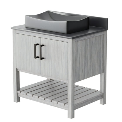 30-inch Novatto bath vanity with storm grey quartz countertop and integrated sink, modern bathroom accessory design