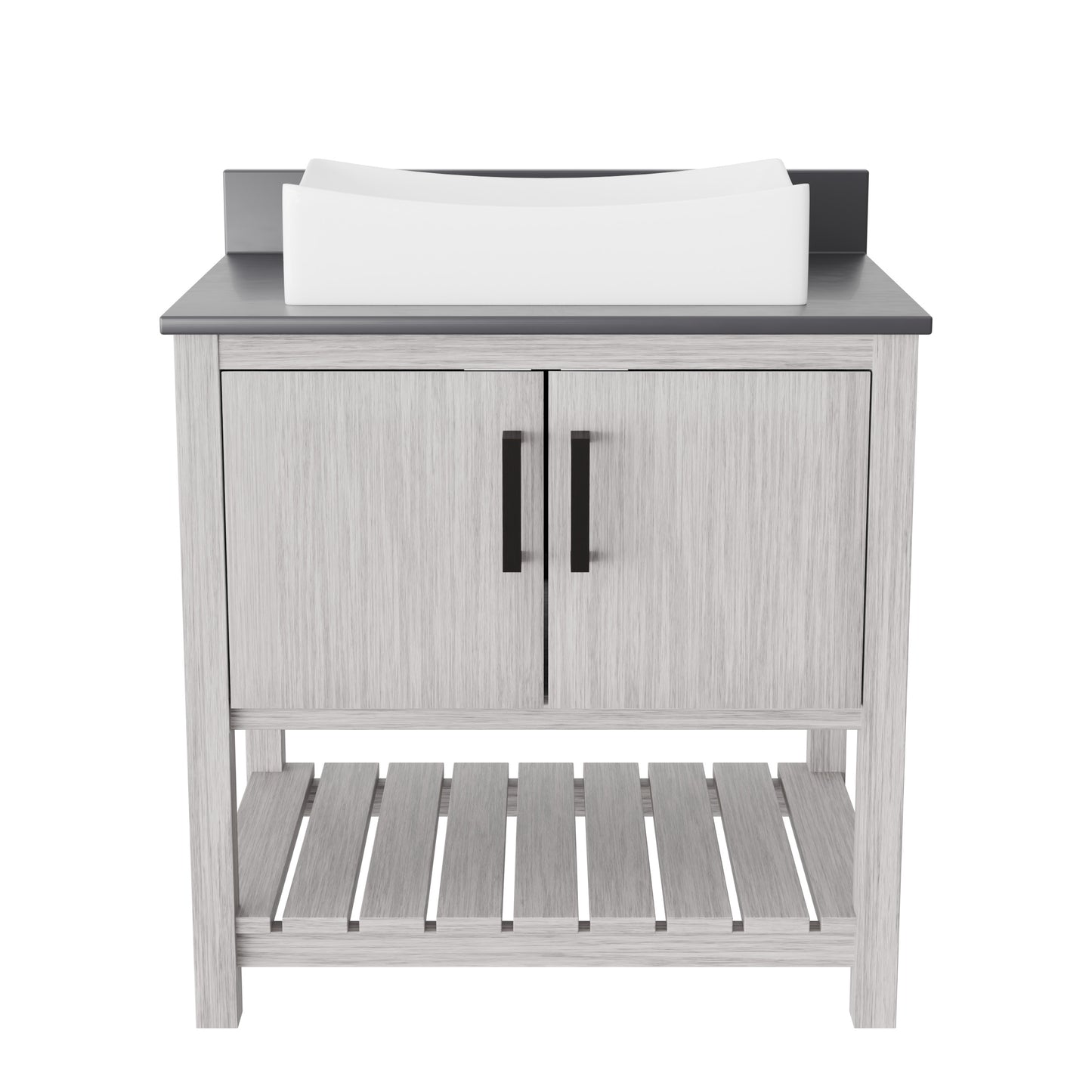 30-inch Novatto bath vanity with storm grey quartz countertop and integrated sink, showcasing modern bathroom accessory design.