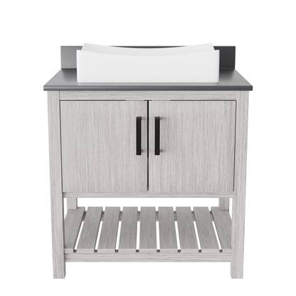 30-inch Novatto bath vanity with storm grey quartz countertop and integrated sink, showcasing modern bathroom accessory design.