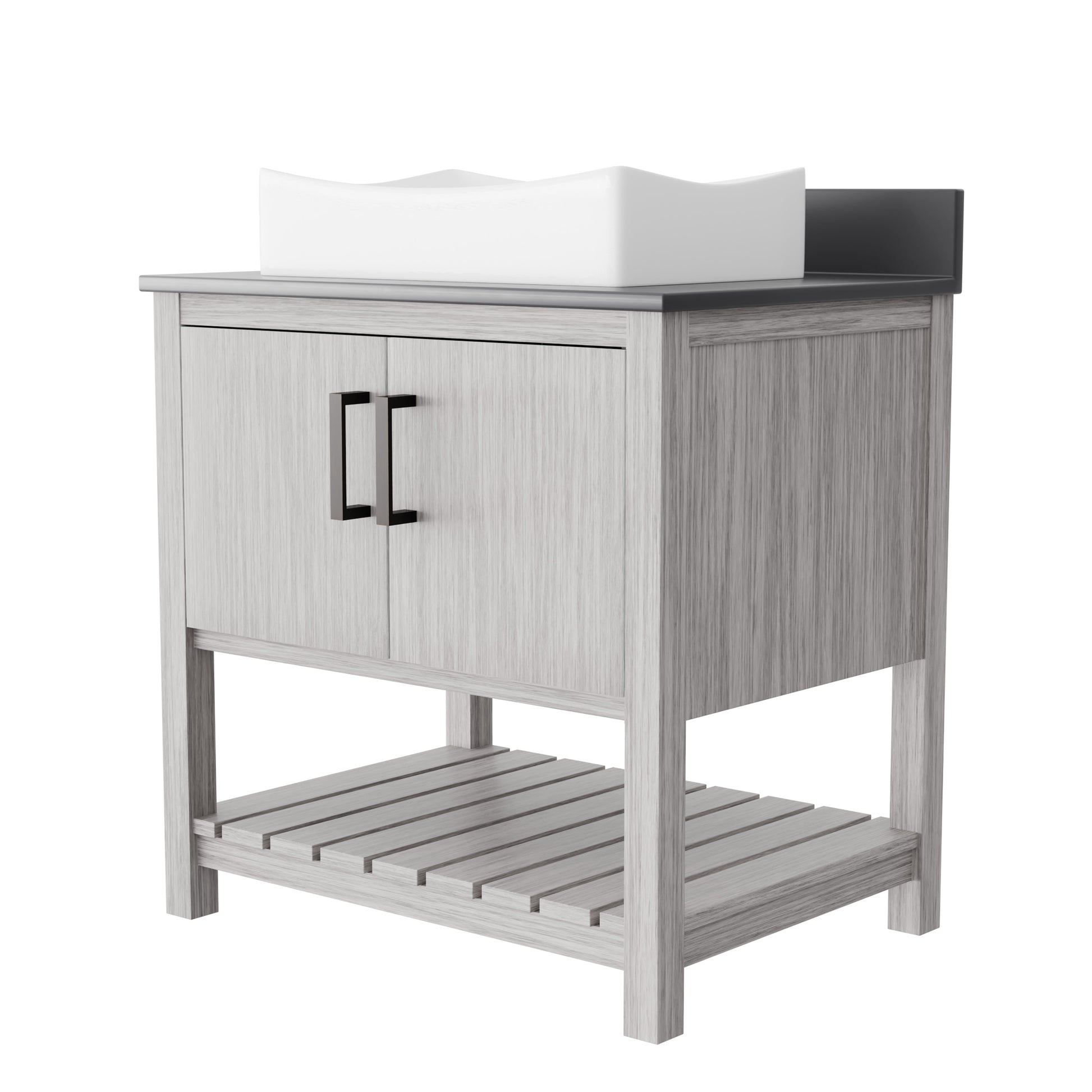 30-inch Novatto bath vanity with storm grey quartz countertop and sink, showcasing sleek design and modern bathroom accessory.