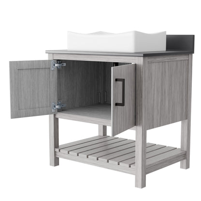 30-inch Novatto bath vanity with storm grey quartz countertop and sink, featuring modern design and brushed nickel finish.