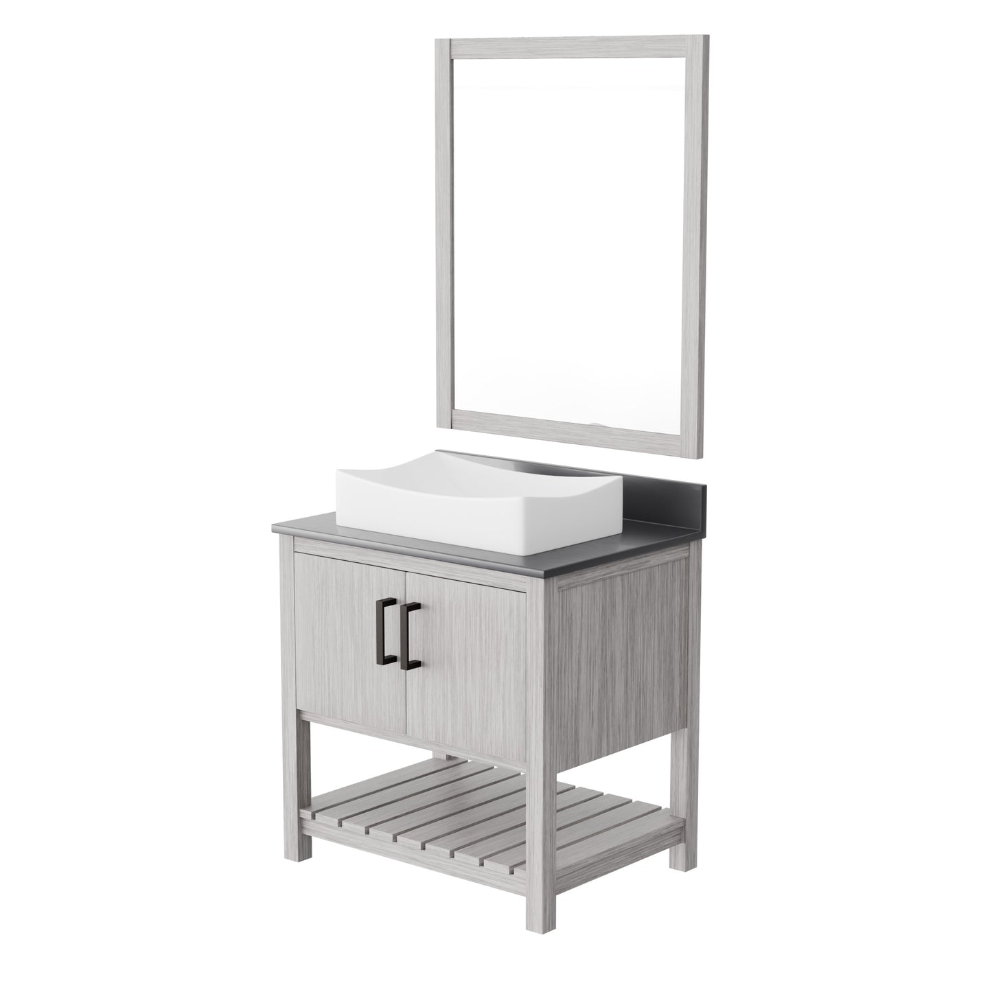 30-inch Novatto bath vanity with storm grey quartz countertop and sink, showcasing sleek design and modern bathroom accessory.