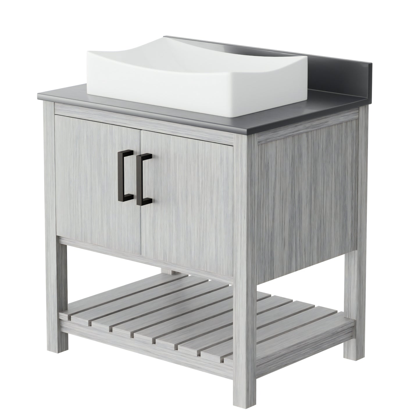 30-inch Novatto bath vanity with storm grey quartz countertop and sink, showcasing sleek accessory design.