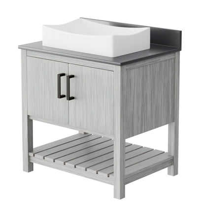 30-inch Novatto bath vanity with storm grey quartz countertop and sink, showcasing sleek accessory design.