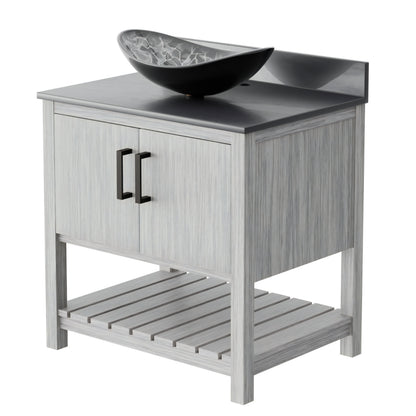 30-inch Novatto bath vanity with storm grey quartz countertop and integrated sink, featuring sleek modern design.