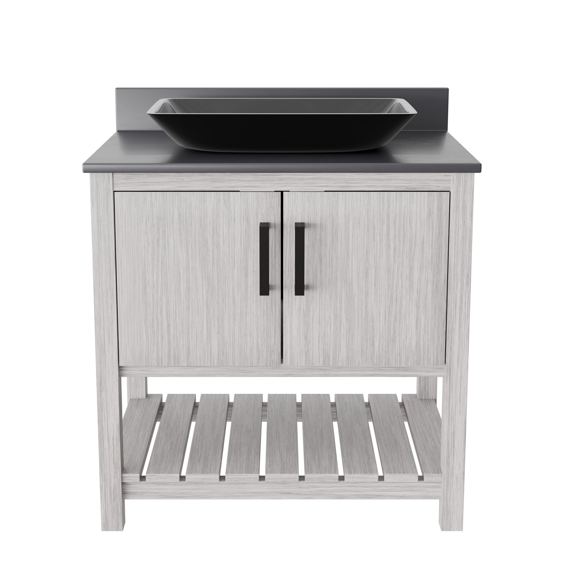 30-inch Novatto bath vanity with storm grey counter and integrated sink, modern bathroom accessory.