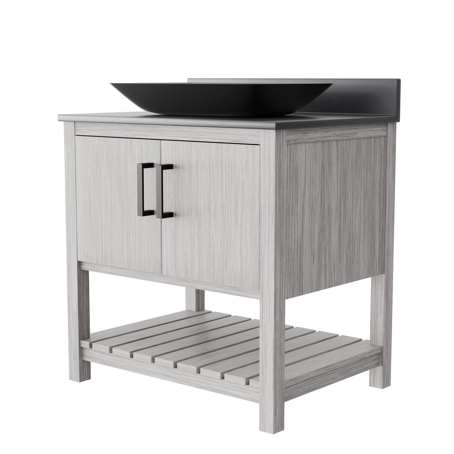 30-inch Novatto bath vanity with storm grey countertop and sink, featuring modern design and sleek finish.