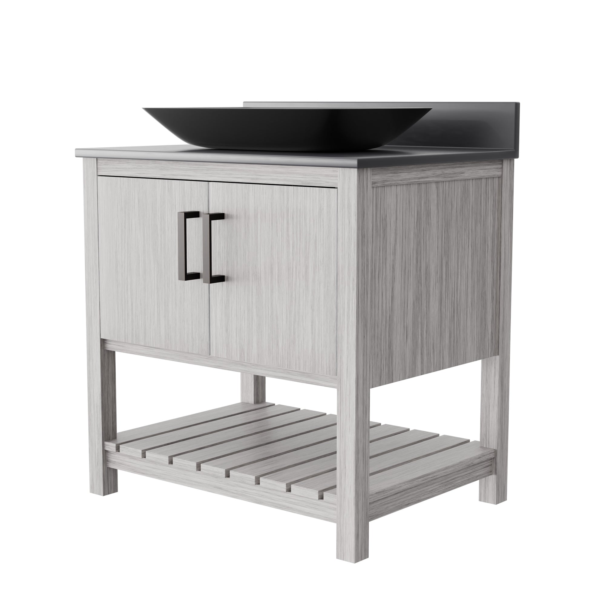 30-inch Novatto bath vanity with storm grey countertop and sink, featuring modern design and sleek finish.