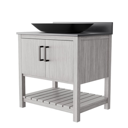 30-inch Novatto bath vanity with storm grey countertop and sink, featuring modern design and sleek finish.