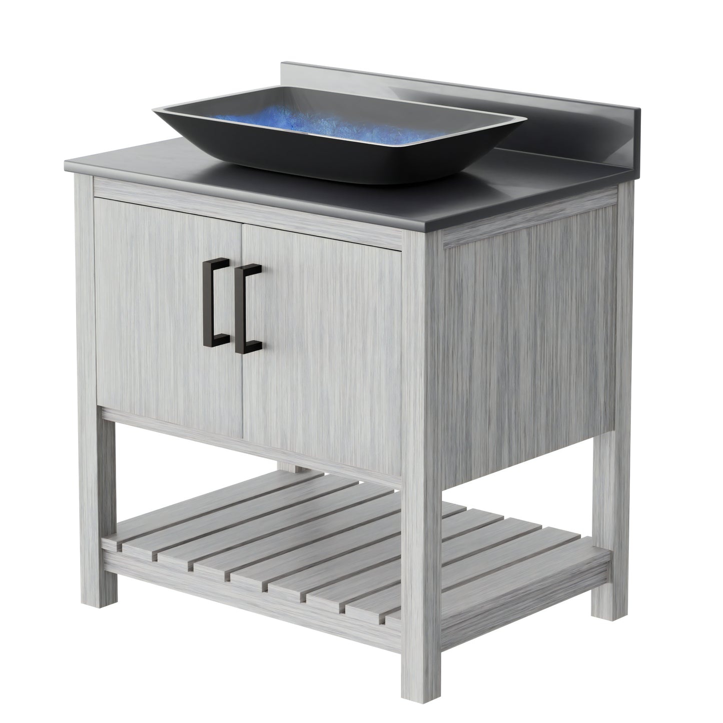 30-inch Novatto bath vanity with storm grey countertop and sink, showcasing sleek design and modern bathroom accessory.