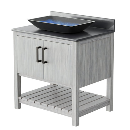 30-inch Novatto bath vanity with storm grey countertop and sink, showcasing sleek design and modern bathroom accessory.