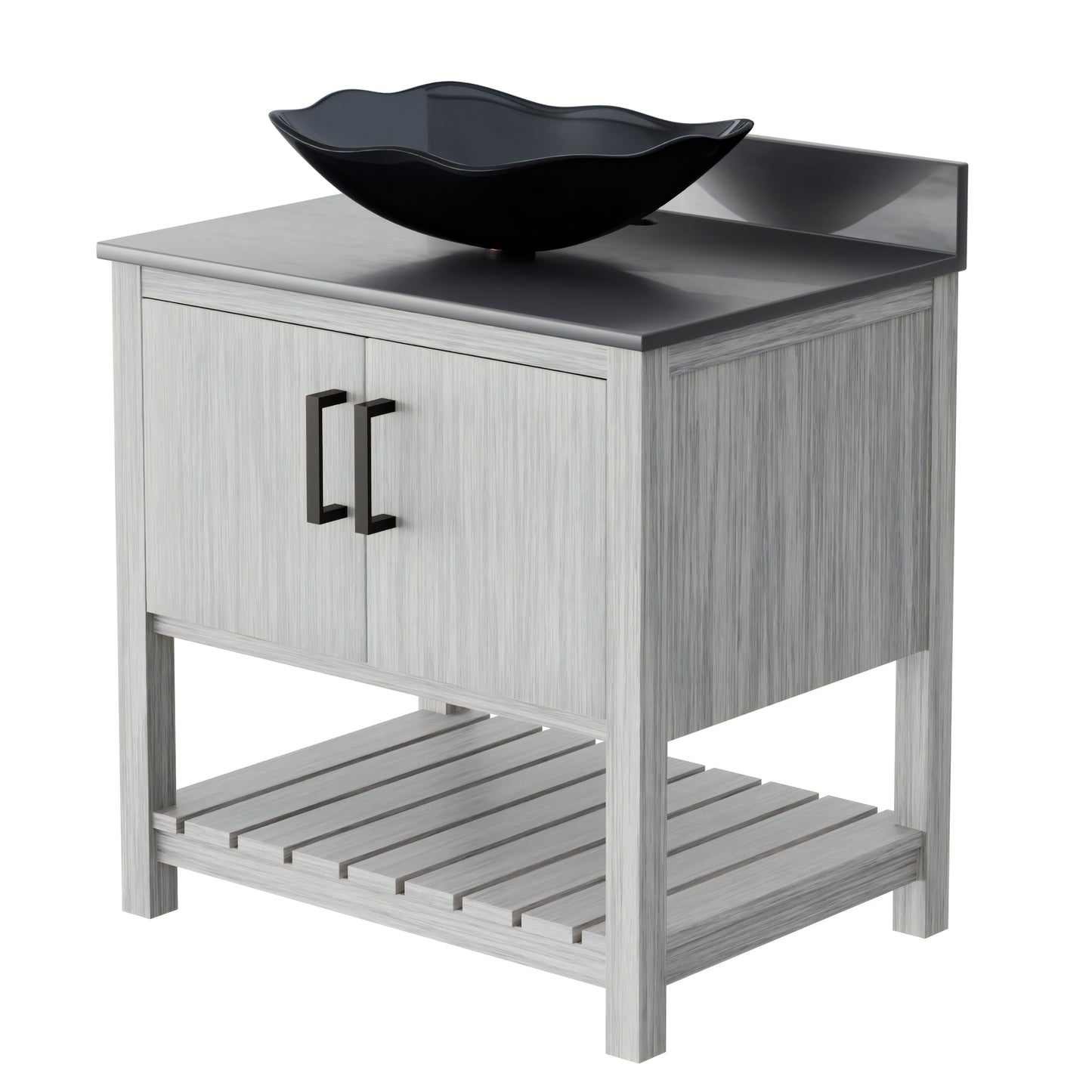 30-inch Novatto bath vanity with storm grey quartz countertop and integrated sink, shown with modern fixture details.