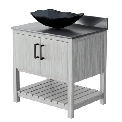 30-inch Novatto bath vanity with storm grey quartz countertop and integrated sink, shown with modern fixture details.