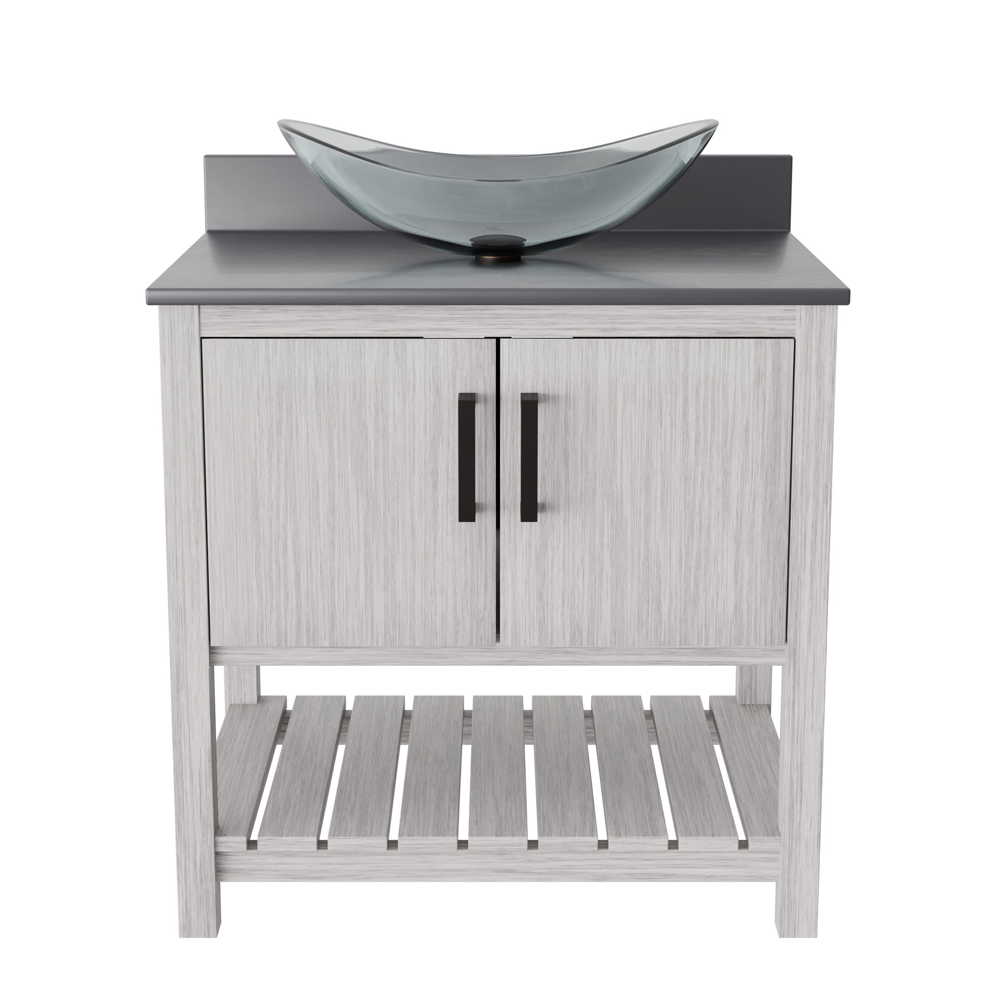 30-inch Novatto bath vanity with storm grey quartz counter and sink, modern bathroom accessory with sleek design.