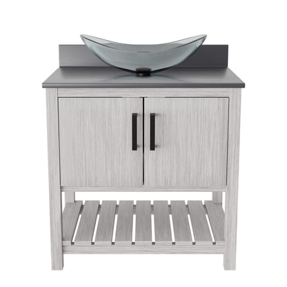 30-inch Novatto bath vanity with storm grey quartz counter and sink, modern bathroom accessory with sleek design.