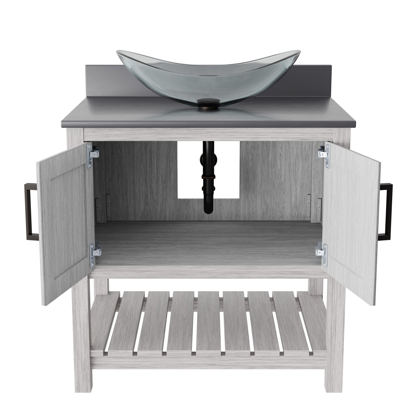 30-inch Novatto bath vanity with storm grey quartz countertop and sink, featuring sleek accessory design.