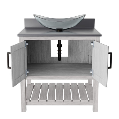 30-inch Novatto bath vanity with storm grey quartz countertop and sink, featuring sleek accessory design.