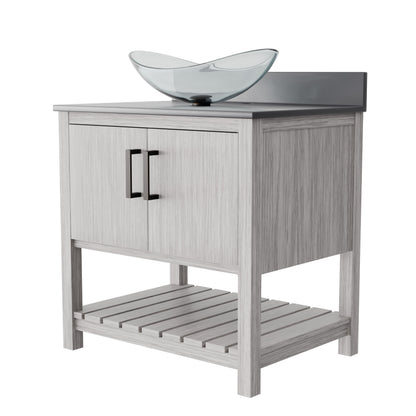 Novatto 30-inch bath vanity with storm grey quartz countertop and sink, modern bathroom accessory with sleek design.
