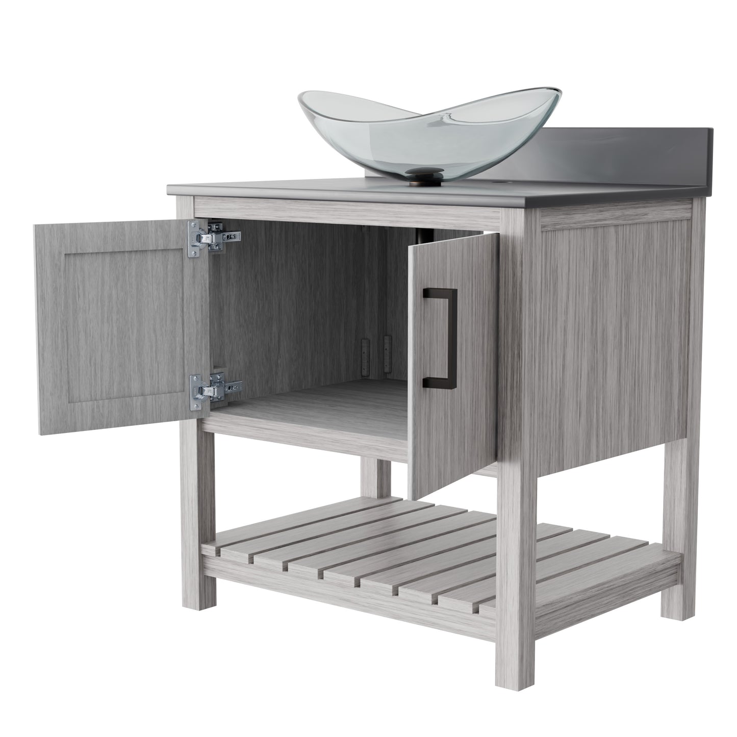 30-inch Novatto bathroom vanity with storm grey quartz countertop and sink, featuring a modern accessory design.