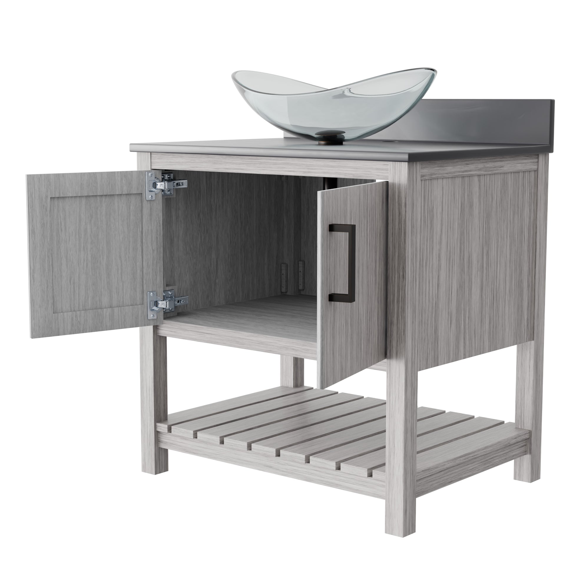 30-inch Novatto bathroom vanity with storm grey quartz countertop and sink, featuring a modern accessory design.