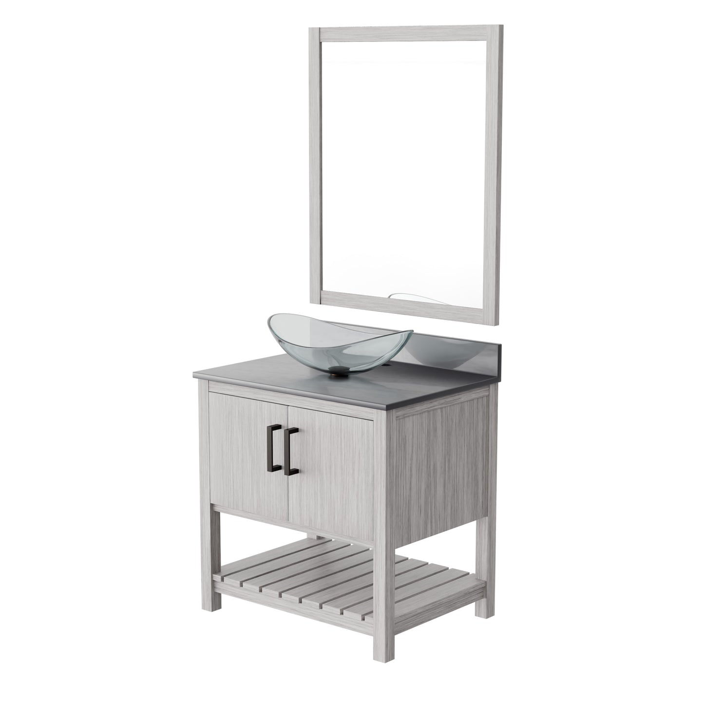 Novatto 30-inch bath vanity with storm grey quartz countertop and sink, featuring modern design and durable fixtures.
